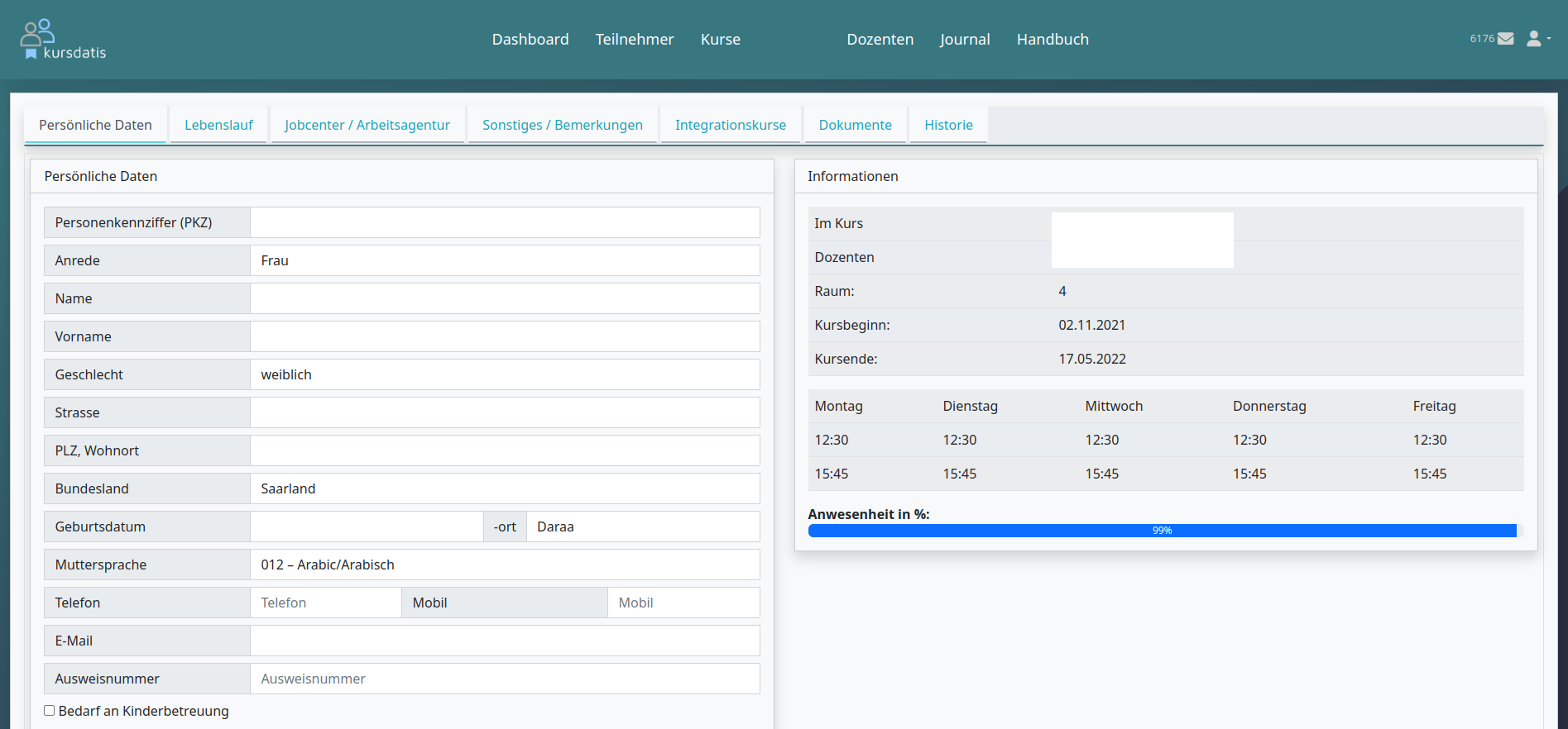 Trägerdaten Eingabefläche