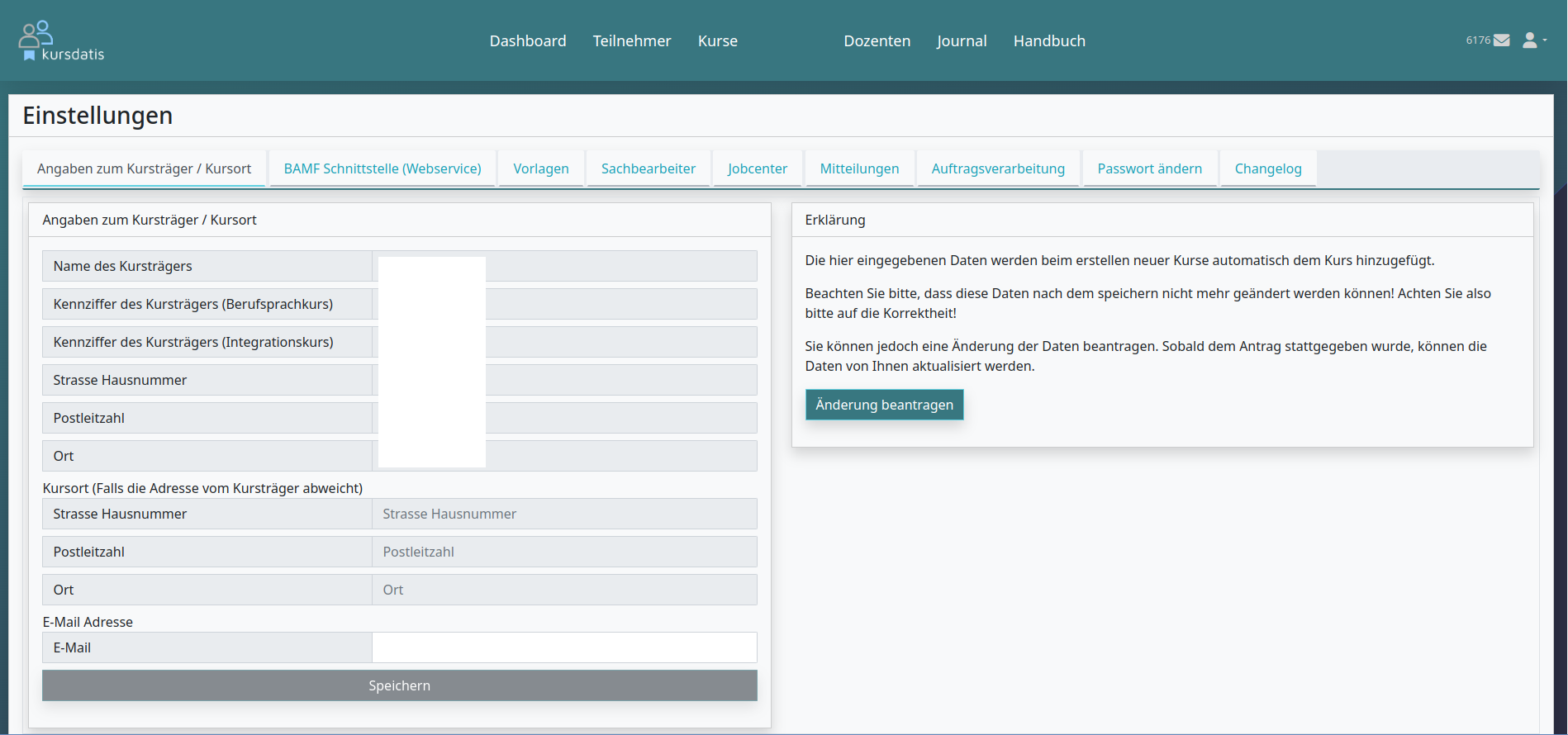 Trägerdaten Eingabefläche